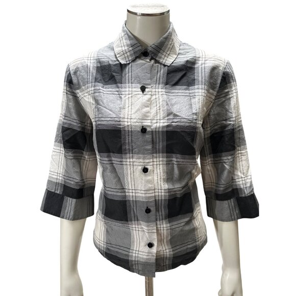 Josephine Chaus 10P Vintage Silk Plaid Blouse Black Gray Uptown Archivist Style - Picture 2 of 11